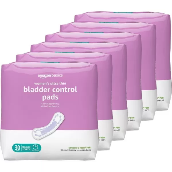 Amazon Basics Ultra Thin Incontinence Bladder Control amp Postpartum Pads for Women Regular Length Light Absorbency Unscented 180 Count 6 Packs of 30 Previously Solimo30 Count Pack of 6