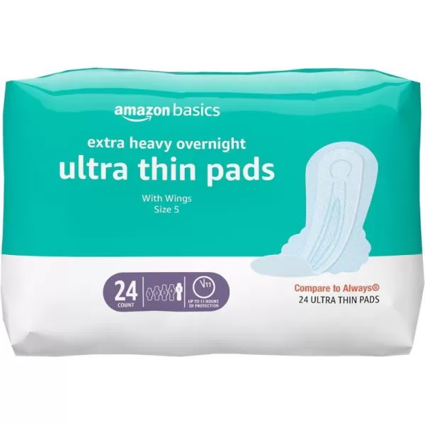 Amazon Basics Ultra Thin Pads with FlexiWings for Periods Extra Heavy Overnight Absorbency Unscented Size 5 24 Count 1 Pack Previously Solimo24 Count Pack of 1