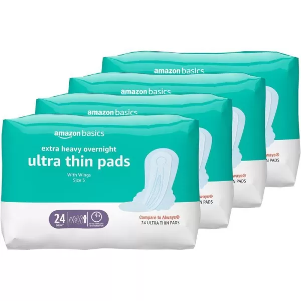 Amazon Basics Ultra Thin Pads with FlexiWings for Periods Extra Heavy Overnight Absorbency Unscented Size 5 24 Count 1 Pack Previously Solimo24 Count Pack of 4
