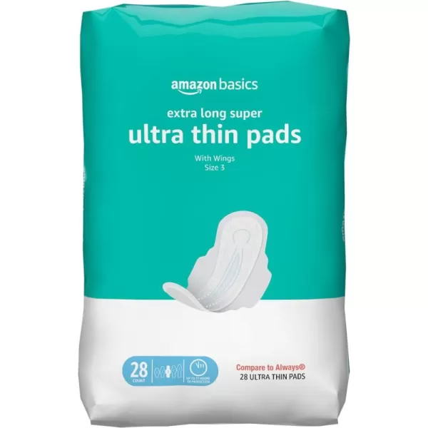 Amazon Basics Ultra Thin Pads with FlexiWings for Periods Extra Long Length Super Absorbency Unscented Size 3 28 Count 1 Pack Previously Solimo