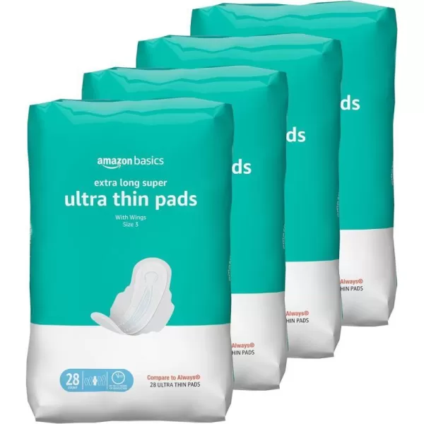 Amazon Basics Ultra Thin Pads with FlexiWings for Periods Extra Long Length Super Absorbency Unscented Size 3 28 Count 1 Pack Previously Solimo28 Count Pack of 4