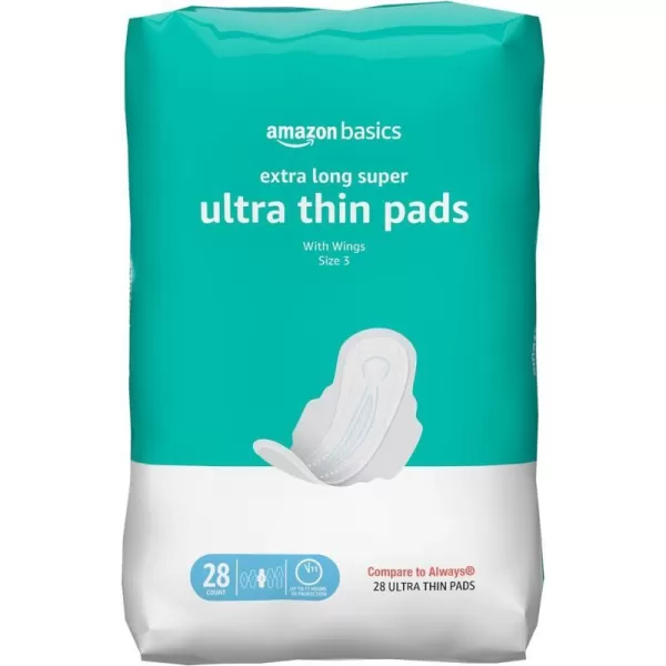 Amazon Basics Ultra Thin Pads with FlexiWings for Periods Extra Long Length Super Absorbency Unscented Size 3 28 Count 1 Pack Previously Solimo3