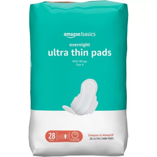 Amazon Basics Ultra Thin Pads with FlexiWings for Periods Overnight Absorbency Unscented Size 4 28 Count 1 Pack Previously Solimo28 Count Pack of 1