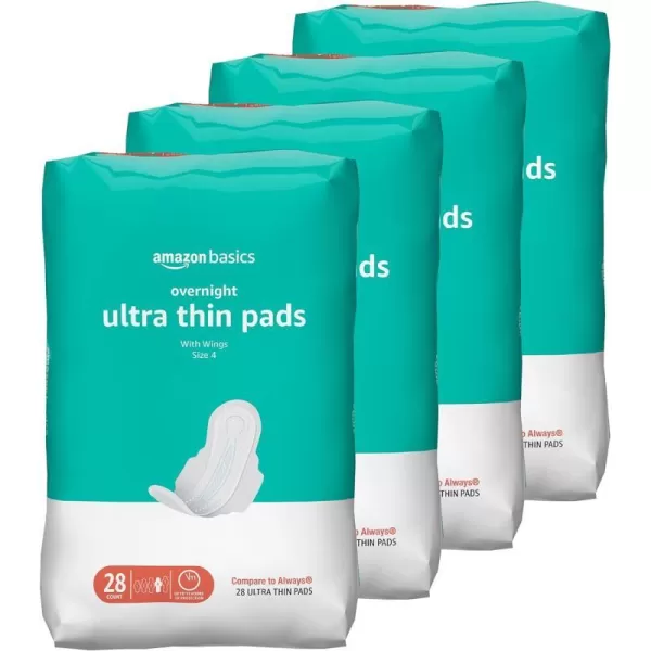 Amazon Basics Ultra Thin Pads with FlexiWings for Periods Overnight Absorbency Unscented Size 4 28 Count 1 Pack Previously Solimo28 Count Pack of 4
