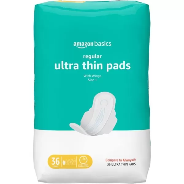 Amazon Basics Ultra Thin Pads with FlexiWings for Periods Regular Absorbency Unscented Size 1 36 Count 1 Pack Previously Solimo36 Count Pack of 1