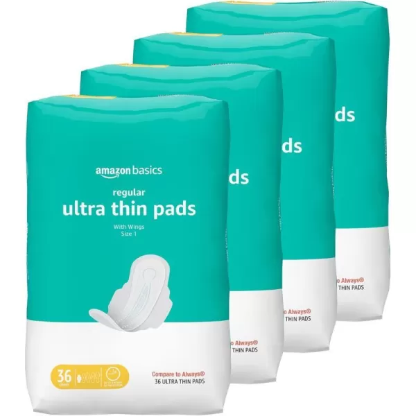 Amazon Basics Ultra Thin Pads with FlexiWings for Periods Regular Absorbency Unscented Size 1 36 Count 1 Pack Previously Solimo36 Count Pack of 4