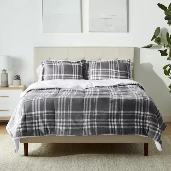 Amazon Basics UltraSoft Micromink Sherpa 3Piece Comforter Bed Set Twin Gray PlaidGray Plaid FullQueen