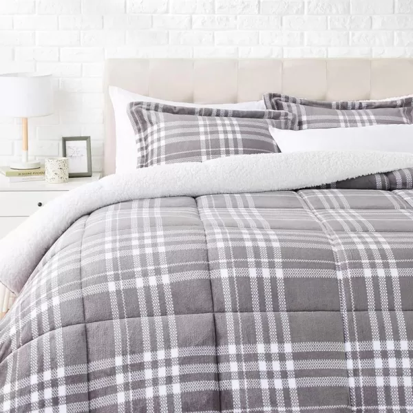 Amazon Basics UltraSoft Micromink Sherpa 3Piece Comforter Bed Set Twin Gray PlaidGray Plaid King