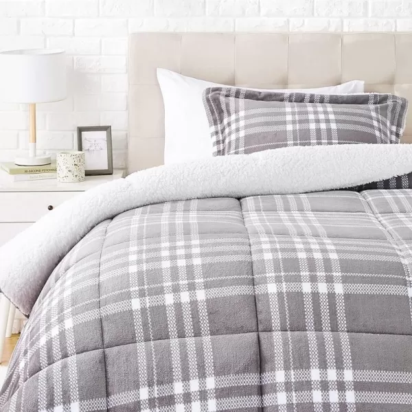 Amazon Basics UltraSoft Micromink Sherpa 3Piece Comforter Bed Set Twin Gray PlaidGray Plaid Twin