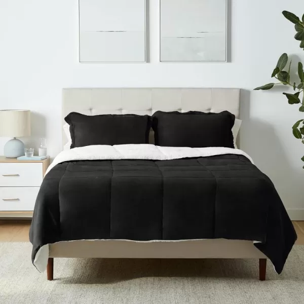 Amazon Basics UltraSoft Micromink Sherpa Comforter 3Piece Bedding Set FullQueen CharcoalBlack FullQueen