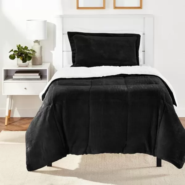 Amazon Basics UltraSoft Micromink Sherpa Comforter 3Piece Bedding Set FullQueen CharcoalBlack Twin