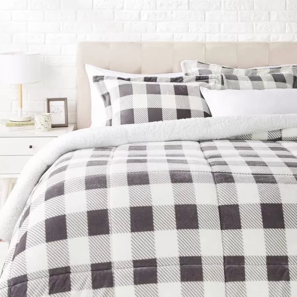 Amazon Basics UltraSoft Micromink Sherpa Comforter 3Piece Bedding Set FullQueen CharcoalGray Gingham King