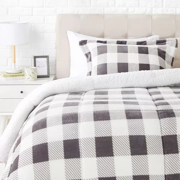 Amazon Basics UltraSoft Micromink Sherpa Comforter 3Piece Bedding Set FullQueen CharcoalGray Gingham Twin