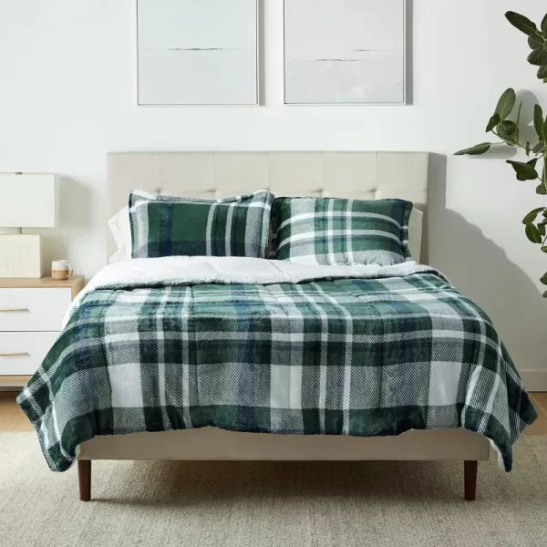 Amazon Basics UltraSoft Micromink Sherpa Comforter 3Piece Bedding Set FullQueen CharcoalGreen Plaid FullQueen