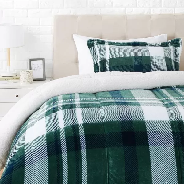 Amazon Basics UltraSoft Micromink Sherpa Comforter 3Piece Bedding Set FullQueen CharcoalGreen Plaid Twin