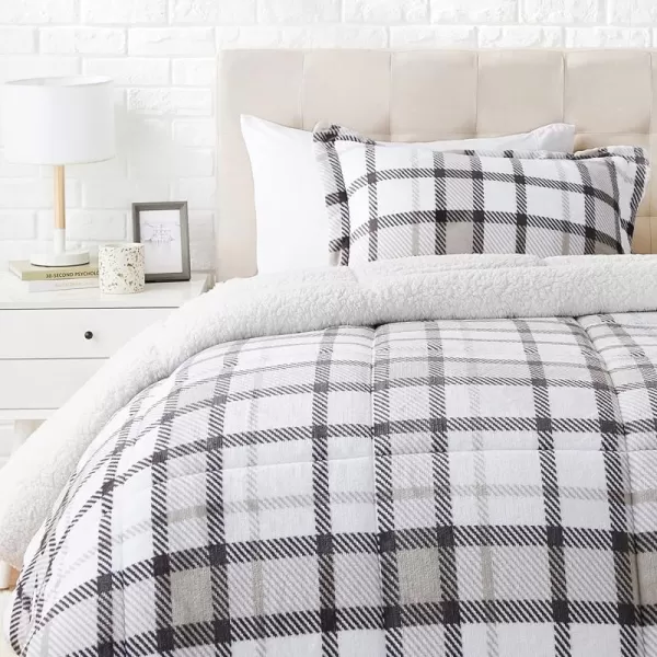 Amazon Basics UltraSoft Micromink Sherpa Comforter 3Piece Bedding Set FullQueen CharcoalLight Gray Plaid Twin