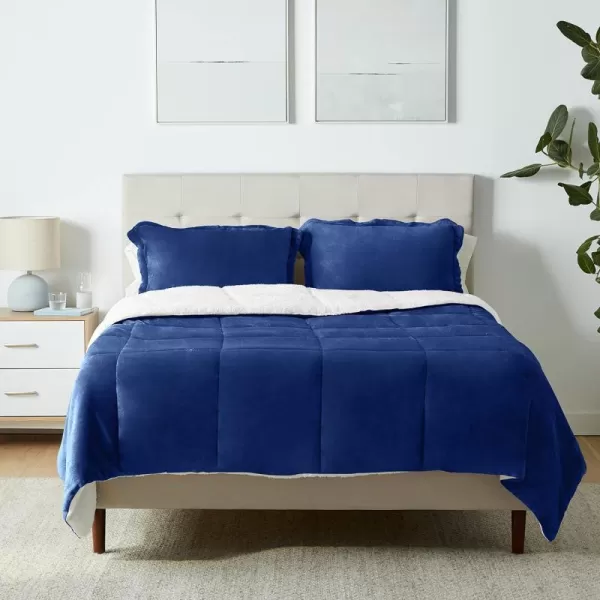 Amazon Basics UltraSoft Micromink Sherpa Comforter 3Piece Bedding Set FullQueen CharcoalNavy Blue Queen