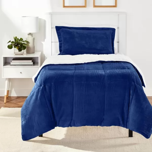 Amazon Basics UltraSoft Micromink Sherpa Comforter 3Piece Bedding Set FullQueen CharcoalNavy Blue Twin