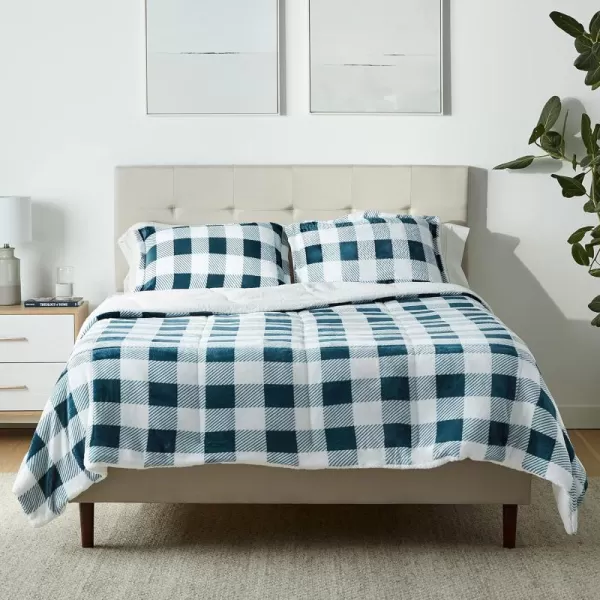 Amazon Basics UltraSoft Micromink Sherpa Comforter 3Piece Bedding Set FullQueen CharcoalNavy Gingham FullQueen