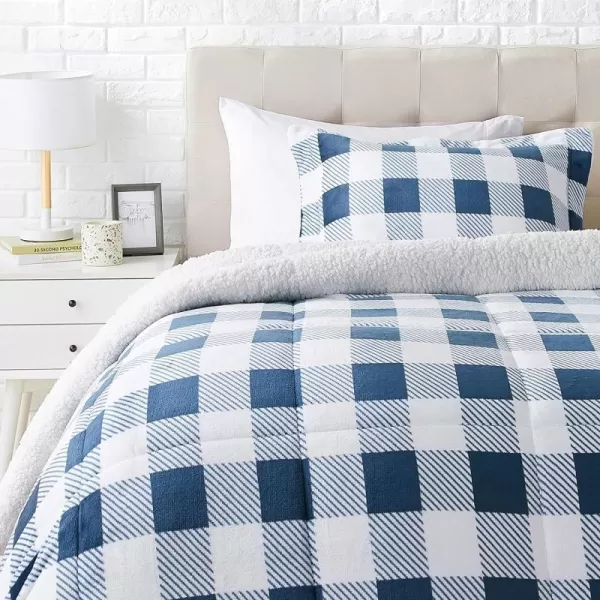 Amazon Basics UltraSoft Micromink Sherpa Comforter 3Piece Bedding Set FullQueen CharcoalNavy Gingham Twin