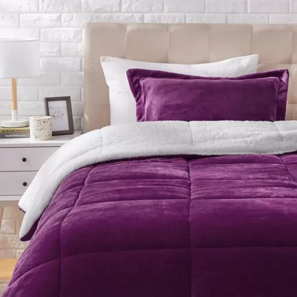 Amazon Basics UltraSoft Micromink Sherpa Comforter 3Piece Bedding Set FullQueen CharcoalPlum Twin