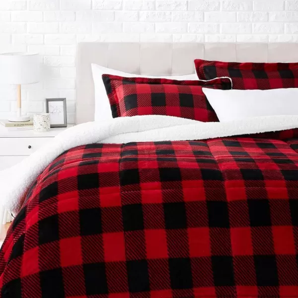 Amazon Basics UltraSoft Micromink Sherpa Comforter 3Piece Bedding Set FullQueen CharcoalRed Buffalo Plaid King