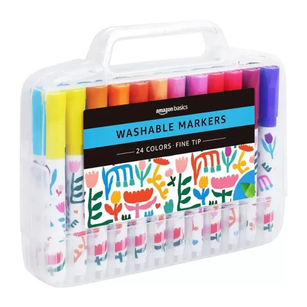 Amazon Basics Washable Round Tip Assorted School Marker Pens Pack of 24 ColorsFine Tip