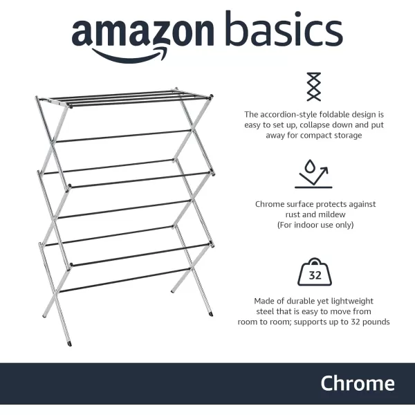 Amazon Basics Foldable Portable Laundry Drying Rack for Indoor Air Drying Clothing 294 x 148 x 419 inches LxWxH Chrome SilverChrome
