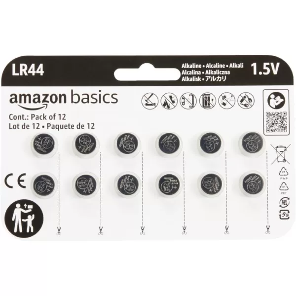 imageAmazon Basics 12Pack LR44 Alkaline Button Cell Battery 15 Volt Long Lasting Power MercuryFree12 Count