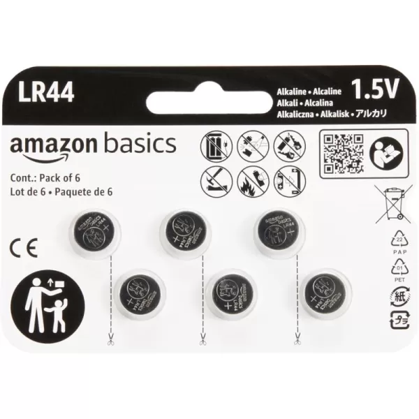 imageAmazon Basics 12Pack LR44 Alkaline Button Cell Battery 15 Volt Long Lasting Power MercuryFree6 Count