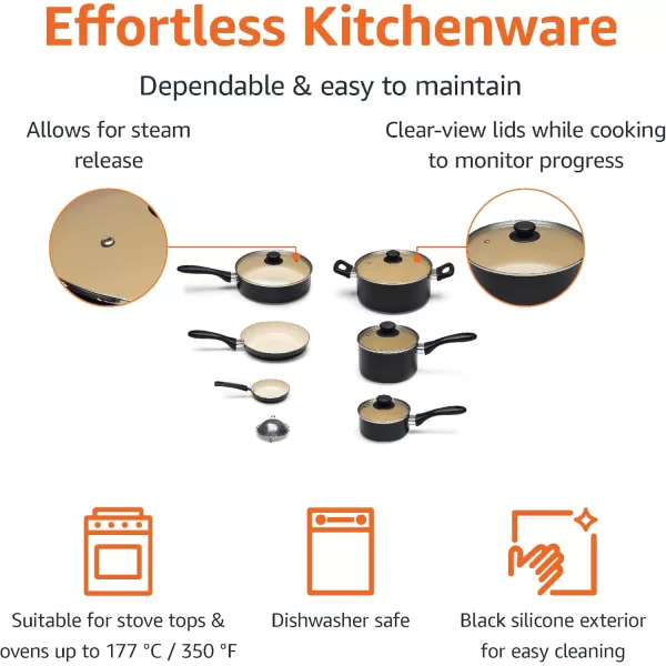 imageAmazon Basics 11Piece Ceramic NonStick Pots and Pans Set Dishwasher ampamp Oven Safe NonToxic Easy Clean BlackCream