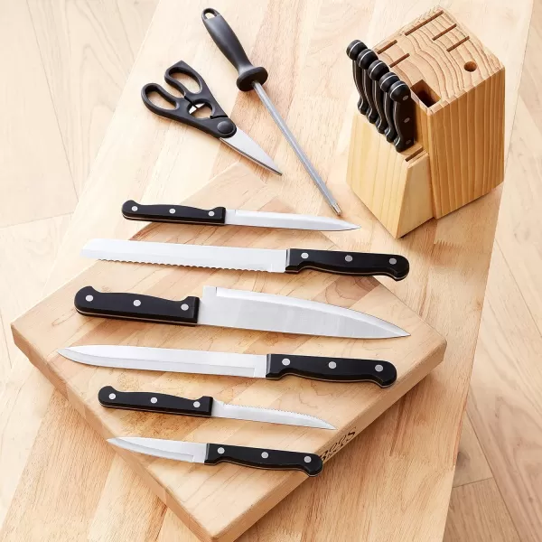 imageAmazon Basics 9 Pieces Premium HighCarbon StainlessSteel Blades with Pine Wood Knife Block Set Kitchen Black14Piece