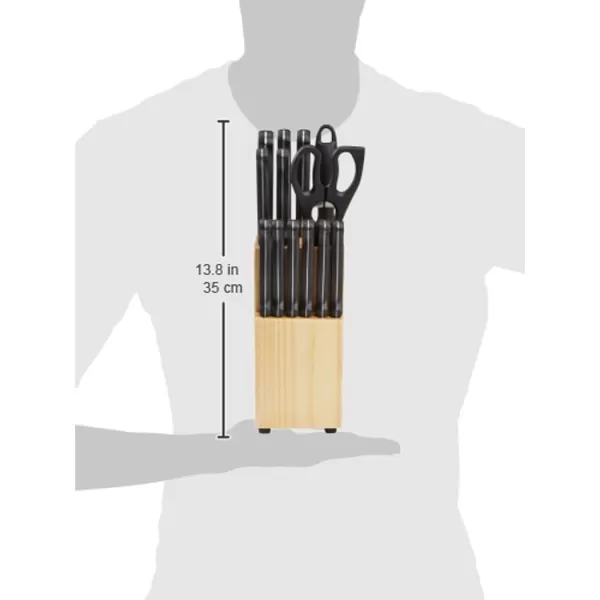 imageAmazon Basics 9 Pieces Premium HighCarbon StainlessSteel Blades with Pine Wood Knife Block Set Kitchen Black14Piece
