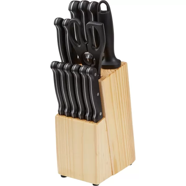 imageAmazon Basics 9 Pieces Premium HighCarbon StainlessSteel Blades with Pine Wood Knife Block Set Kitchen Black14Piece