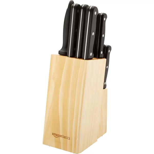 imageAmazon Basics 9 Pieces Premium HighCarbon StainlessSteel Blades with Pine Wood Knife Block Set Kitchen Black14Piece