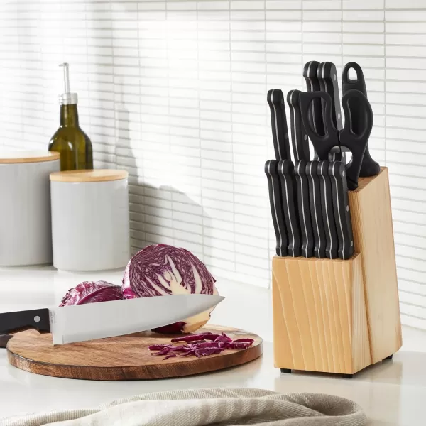 imageAmazon Basics 9 Pieces Premium HighCarbon StainlessSteel Blades with Pine Wood Knife Block Set Kitchen Black14Piece