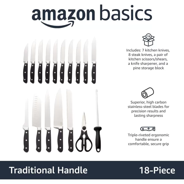 imageAmazon Basics 9 Pieces Premium HighCarbon StainlessSteel Blades with Pine Wood Knife Block Set Kitchen Black18Piece