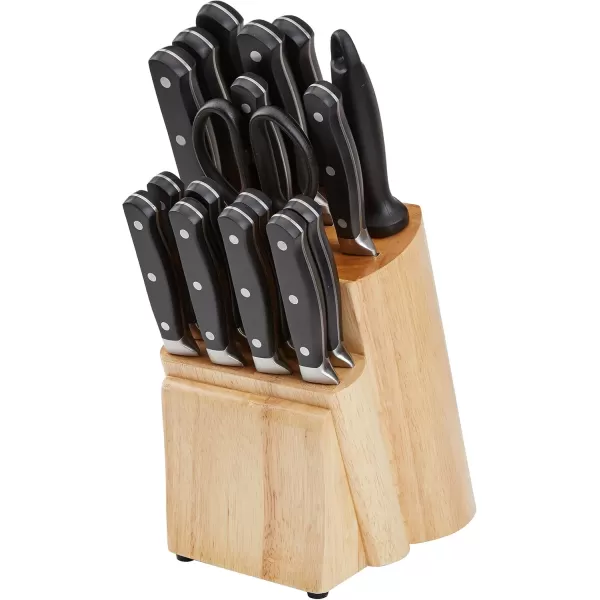 imageAmazon Basics 9 Pieces Premium HighCarbon StainlessSteel Blades with Pine Wood Knife Block Set Kitchen Black18Piece