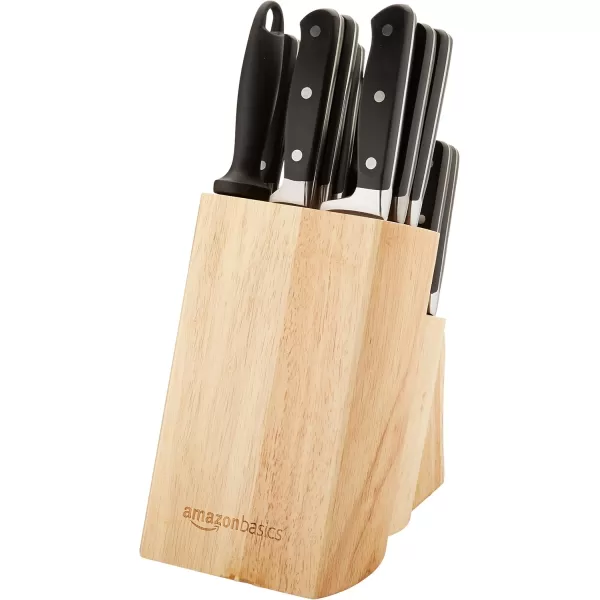 imageAmazon Basics 9 Pieces Premium HighCarbon StainlessSteel Blades with Pine Wood Knife Block Set Kitchen Black18Piece