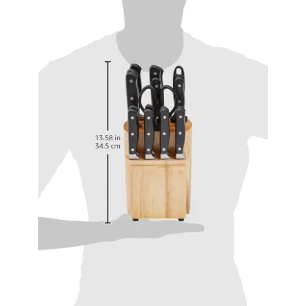 imageAmazon Basics 9 Pieces Premium HighCarbon StainlessSteel Blades with Pine Wood Knife Block Set Kitchen Black18Piece