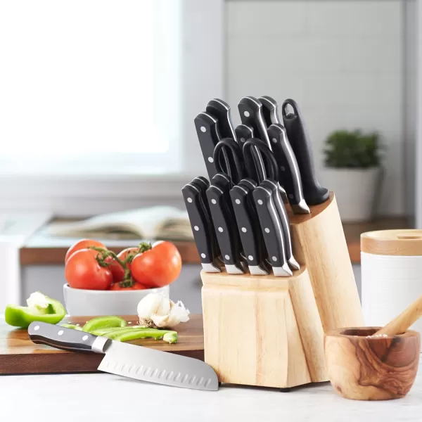 imageAmazon Basics 9 Pieces Premium HighCarbon StainlessSteel Blades with Pine Wood Knife Block Set Kitchen Black18Piece
