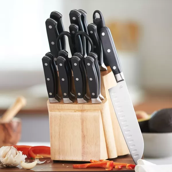 imageAmazon Basics 9 Pieces Premium HighCarbon StainlessSteel Blades with Pine Wood Knife Block Set Kitchen Black18Piece