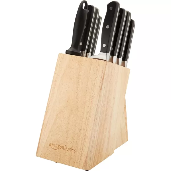 imageAmazon Basics 9 Pieces Premium HighCarbon StainlessSteel Blades with Pine Wood Knife Block Set Kitchen Black9Piece