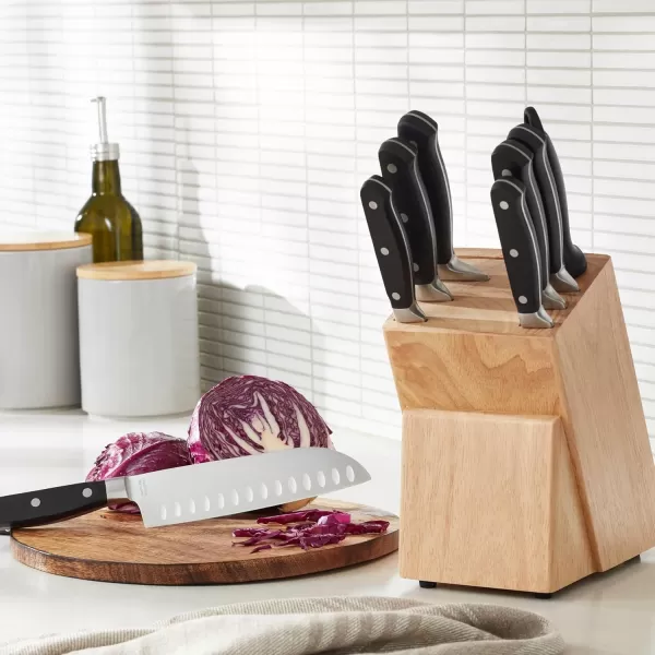 imageAmazon Basics 9 Pieces Premium HighCarbon StainlessSteel Blades with Pine Wood Knife Block Set Kitchen Black9Piece