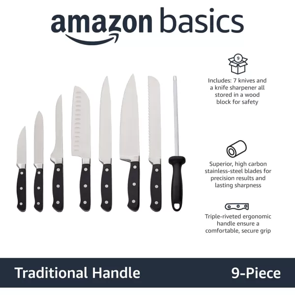 imageAmazon Basics 9 Pieces Premium HighCarbon StainlessSteel Blades with Pine Wood Knife Block Set Kitchen Black9Piece