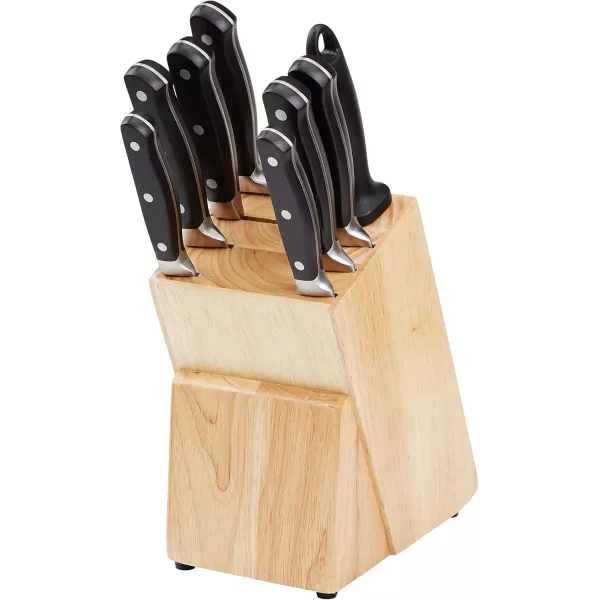 imageAmazon Basics 9 Pieces Premium HighCarbon StainlessSteel Blades with Pine Wood Knife Block Set Kitchen Black9Piece