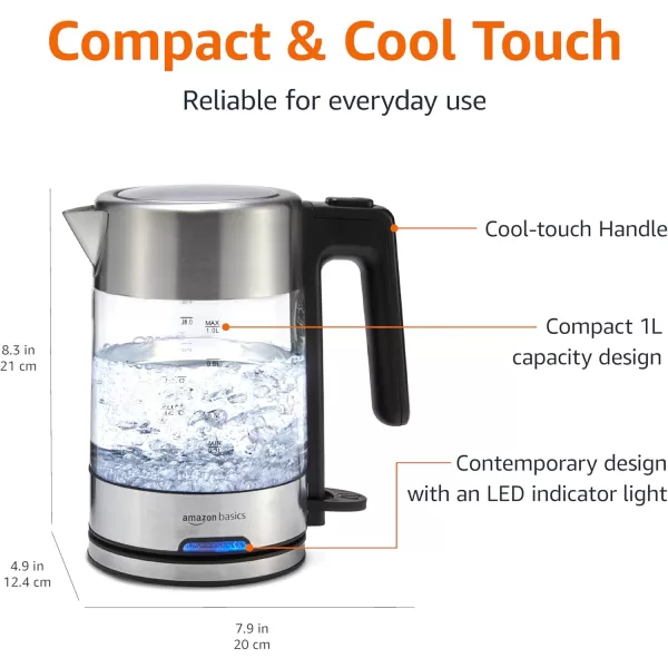 imageAmazon Basics Electric Kettle Tea Kettle for Hot Water Coffee ampamp Tea With Auto ShutOff Boil Dry Protection Strix Thermostat BPAFree 18 Quarts 17L 1500W Stainless Steel Black and SliverGlass Carafe