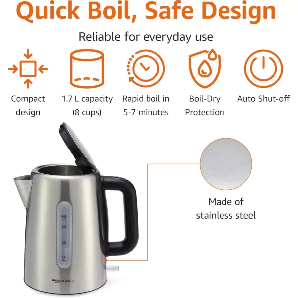 imageAmazon Basics Electric Kettle Tea Kettle for Hot Water Coffee ampamp Tea With Auto ShutOff Boil Dry Protection Strix Thermostat BPAFree 18 Quarts 17L 1500W Stainless Steel Black and SliverStainless Steel