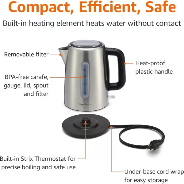 imageAmazon Basics Electric Kettle Tea Kettle for Hot Water Coffee ampamp Tea With Auto ShutOff Boil Dry Protection Strix Thermostat BPAFree 18 Quarts 17L 1500W Stainless Steel Black and SliverStainless Steel
