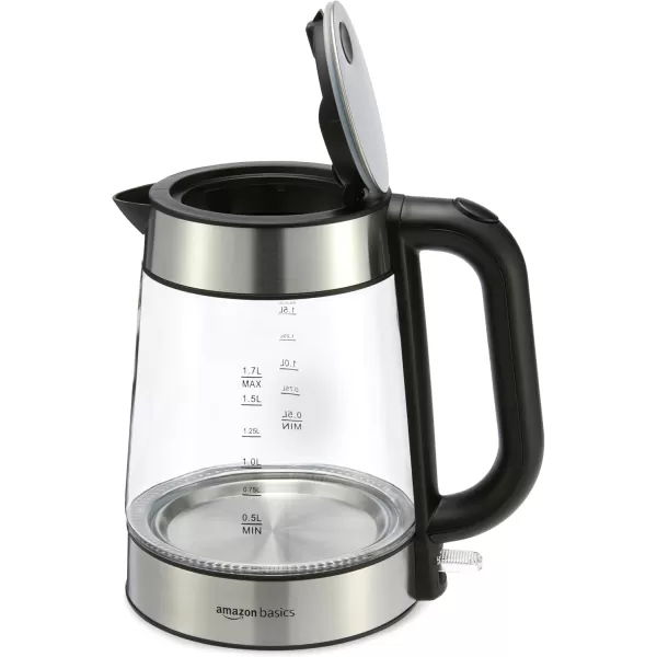 imageAmazon Basics Electric Kettle Tea Kettle for Hot Water Coffee ampamp Tea With Auto ShutOff Boil Dry Protection Strix Thermostat BPAFree 18 Quarts 17L 1500W Stainless Steel Black and SliverGlass Carafe